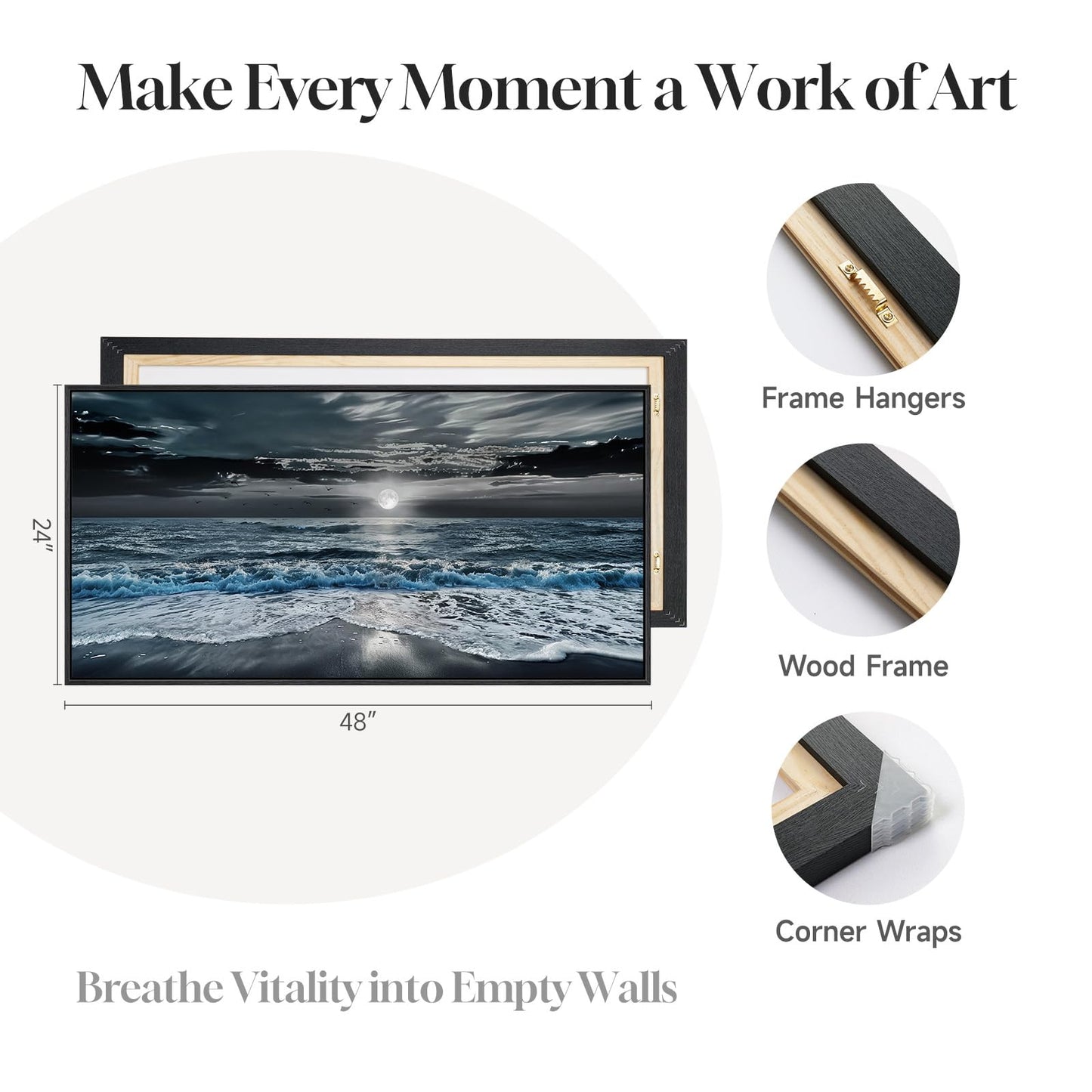 Framed Moonlight Coastal Wall Art for Living Room, Horizontal Blue and Black Beach Ocean Seascape Artwork for Walls, Large Canvas Picture Print for Bedroom Dining Room Office Wall Decor, 24x48 Inch