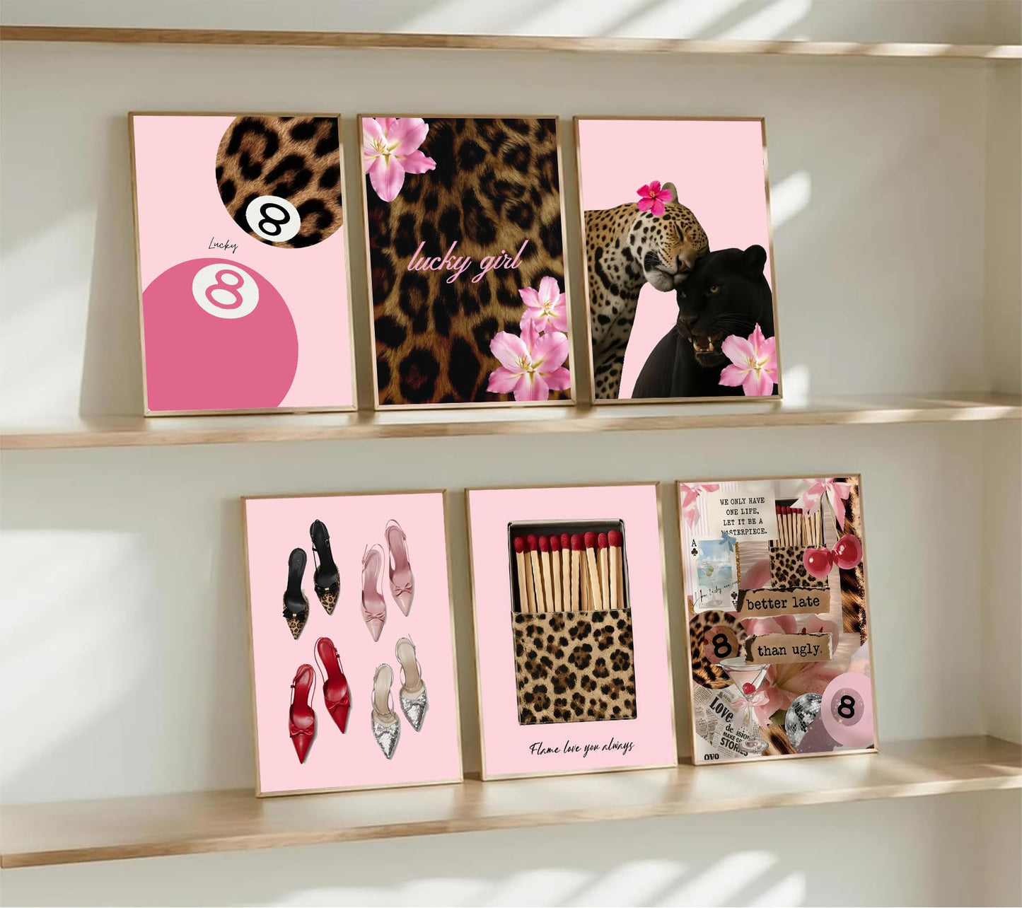 6Pcs Trendy Pink Leopard Canvas Wall art Preppy Y2K Posters Print Artwork Fashion Cheetah Flowers Painting Pictures Wall Decor for Girls' Room Dormitory Apartment Home Decoration 8x10in Unframed