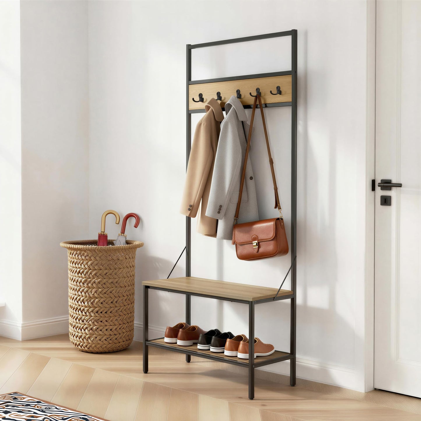 Amazon Basics Entry Bench with Hooks, Hall Tree with Shoe Storage, Steel Frame, Oak Finish