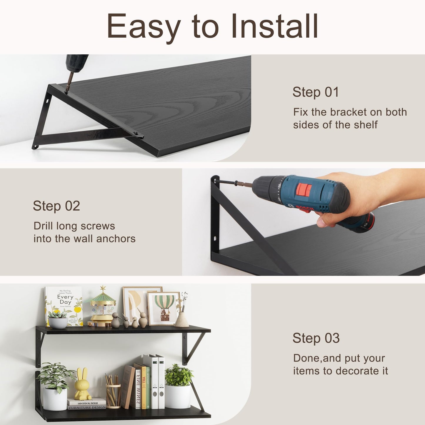 Fun Memories 10 Inch Deep Floating Shelves, Black Floating Shelf 16 Inch Long, 16" W x 10" D Wall Shelves Set of 2, Deep Shelves for Books, Wide Floating Shelves for Bahtoom, Living Room, Kitchen
