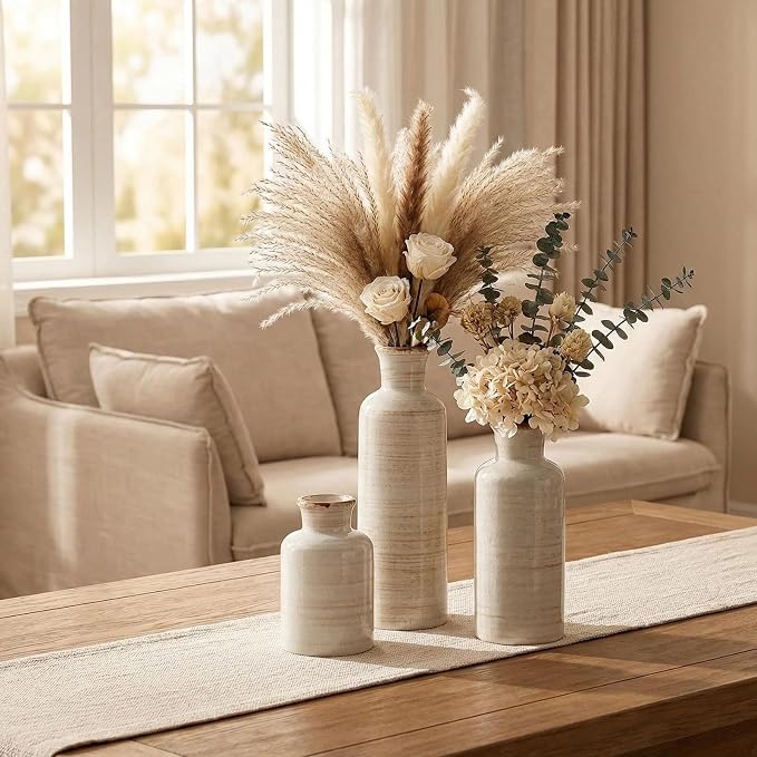 CwlwGO- Ceramic Rustic Vase 3 Piece Set,Small vase for Country Home Decoration,Modern Farmhouse Decor, Living Room Table Decoration, Bookcase, Fireplace and Entrance Decorations.(White)