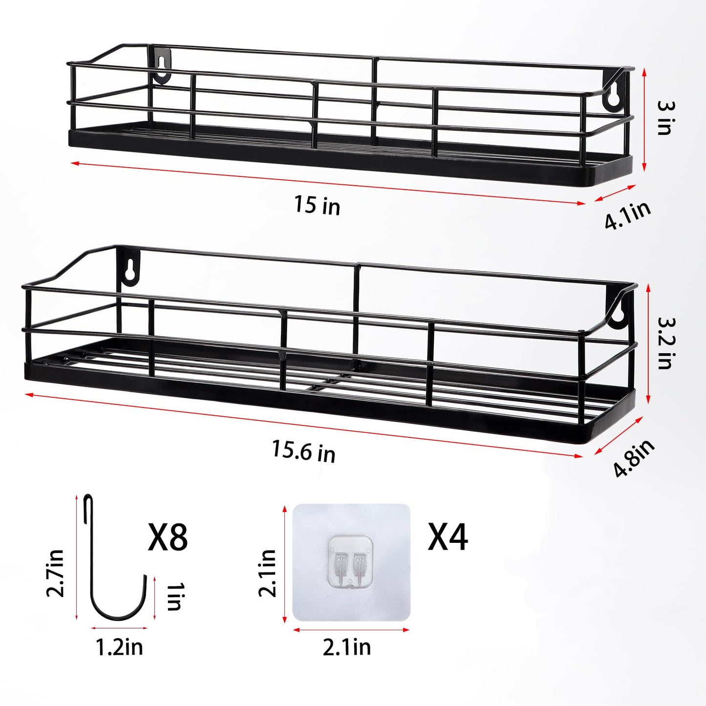 Lyeasw Black Floating Shelves Wall Mounted with 8 Removable Hanging Hooks, 15-Inch Adhesive Shower Shelf Organizer for Bathroom Kitchen Storage Rack, Set of 2
