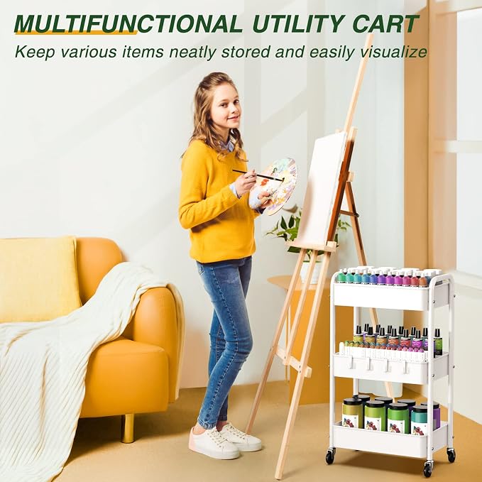 LEHOM 3 Tier Rolling Cart, Metal Rolling Utility Cart with Lockable Wheels & Hooks, Multi-Functional Heavy Duty Storage Cart Organizer for Bathroom, Kitchen, Office, Living Room