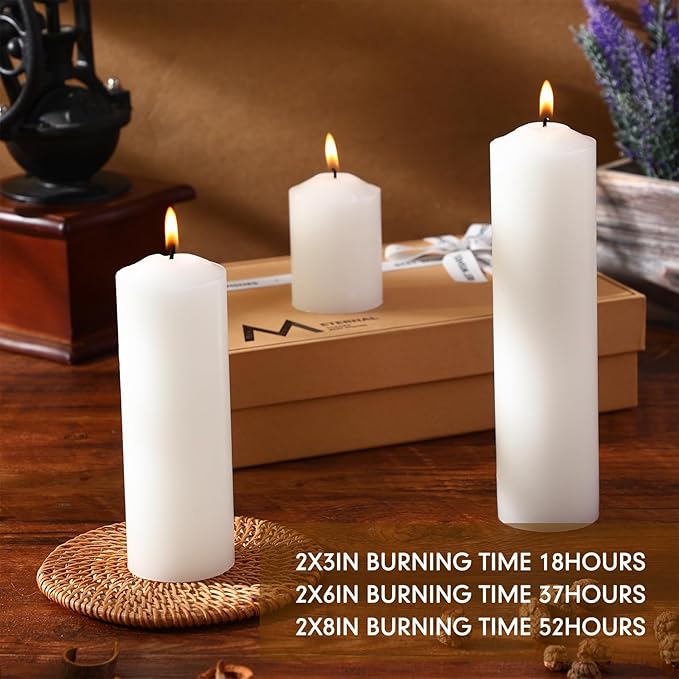 MTLEE 108 Pcs Pillar Candles Bulk Set of 3 Long Burning Wax Pillar Candles 2 in x 3, 6, 8 Inch Dripless Unscented Smokeless Candles for Wedding Party Spa Lantern Fireplace Home