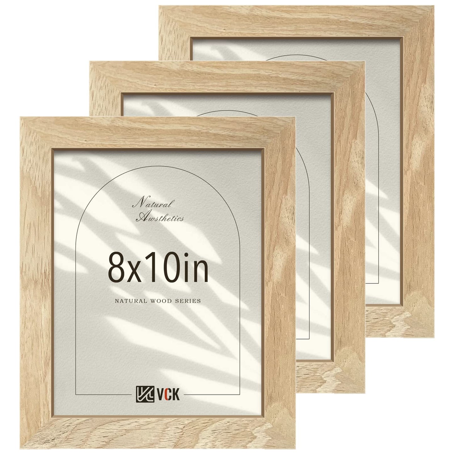 VCK 8x10 Picture Frame Set of 3, Natural Solid Wood Beige Frame with Exclusive Wood Grain, Tabletop Display & Wall Mounting for Home Decor