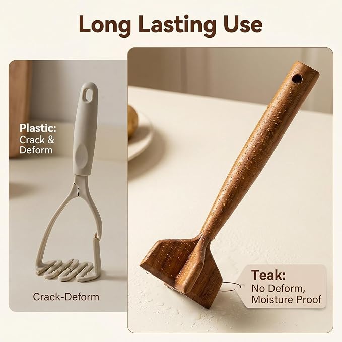 Natural Teak Wood Meat Masher, Ground Beef Masher, 11.5 Inch Chicken Shredder Tool, Multipurpose Kitchen Tool