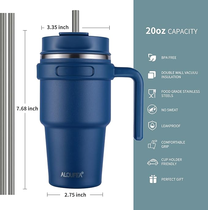 20 oz Insulated Coffee Mug Tumbler with Handle, Stainless Steel Travel Mug Tumbler with Lid and Straw,Double Wall Vacuum Leak Proof Ice Coffee Thermal Cup, Navy
