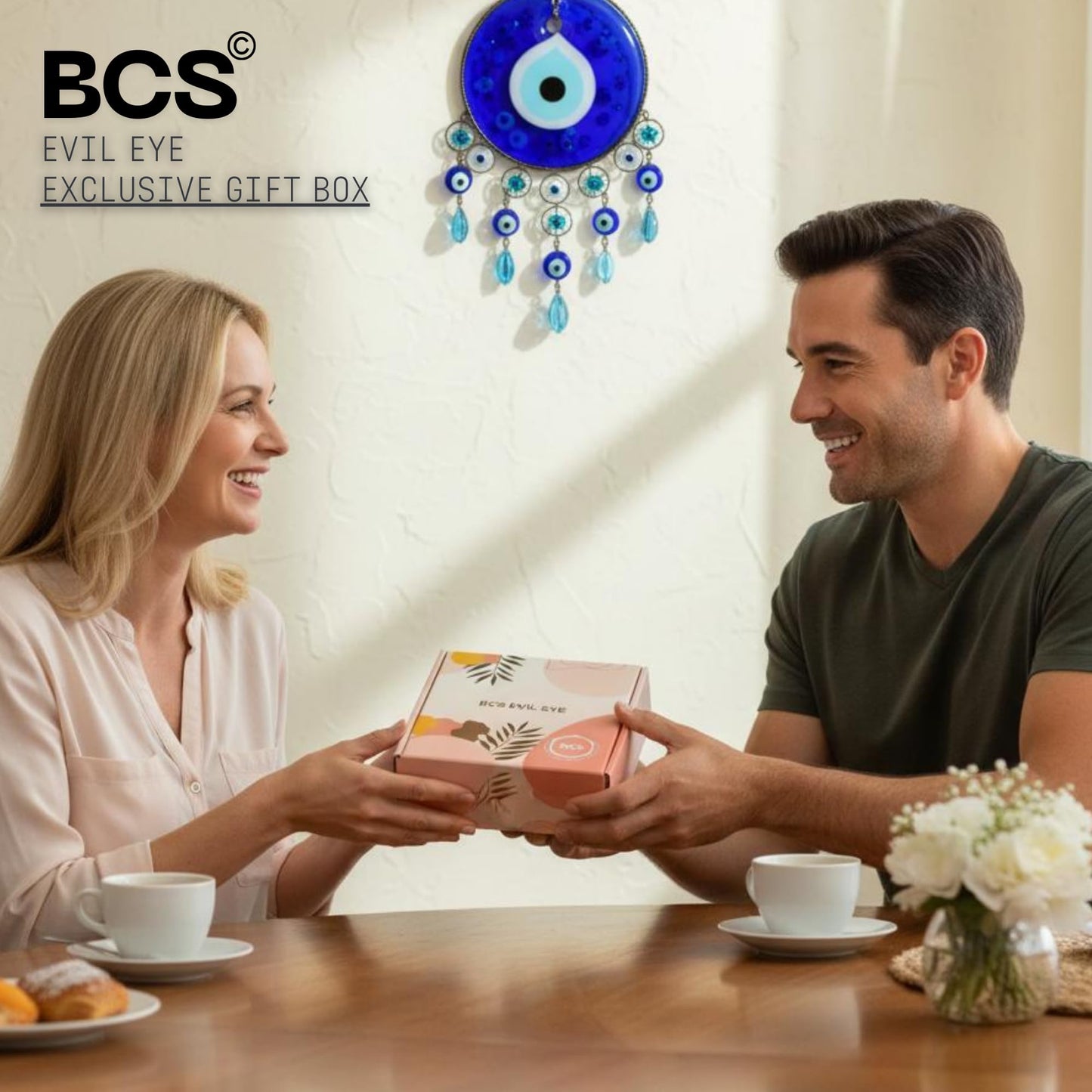 BCS Blue Evil Eye Wall Decor Gold Border Design 4.3" Glass Evil Eye Hanging Ornament for Home, Office, Garden, Door Turkish Greek Handmade Nazar Amulet Good Luck and Protection Charm - Ojo Turco