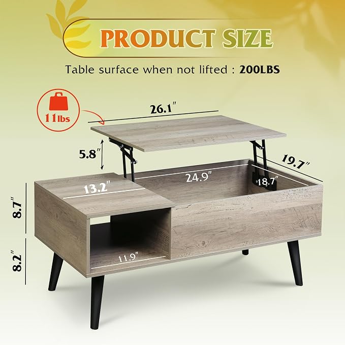 WLIVE Coffee Table for Living Room, Lift Top Coffee Table with Storage, Small Rising Wooden Dining Center Table with Storage Shelf & Hidden Compartment, 39" Greige