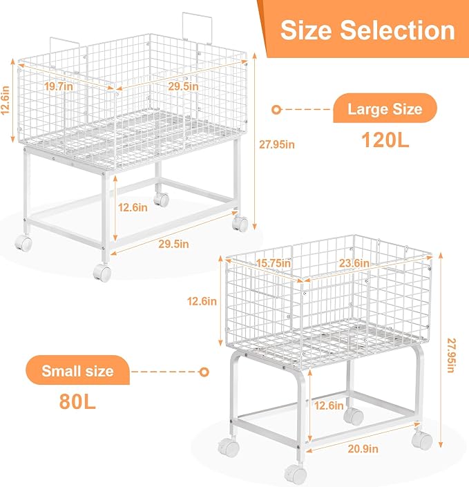 Rolling Laundry Basket with Wheels,80L Wire Laundry Cart with Pull Handle,White High Laundry Basket Cart for Laundry Room,Bathroom,Bedroom-White(23.6 * 15.75 * 28inch)