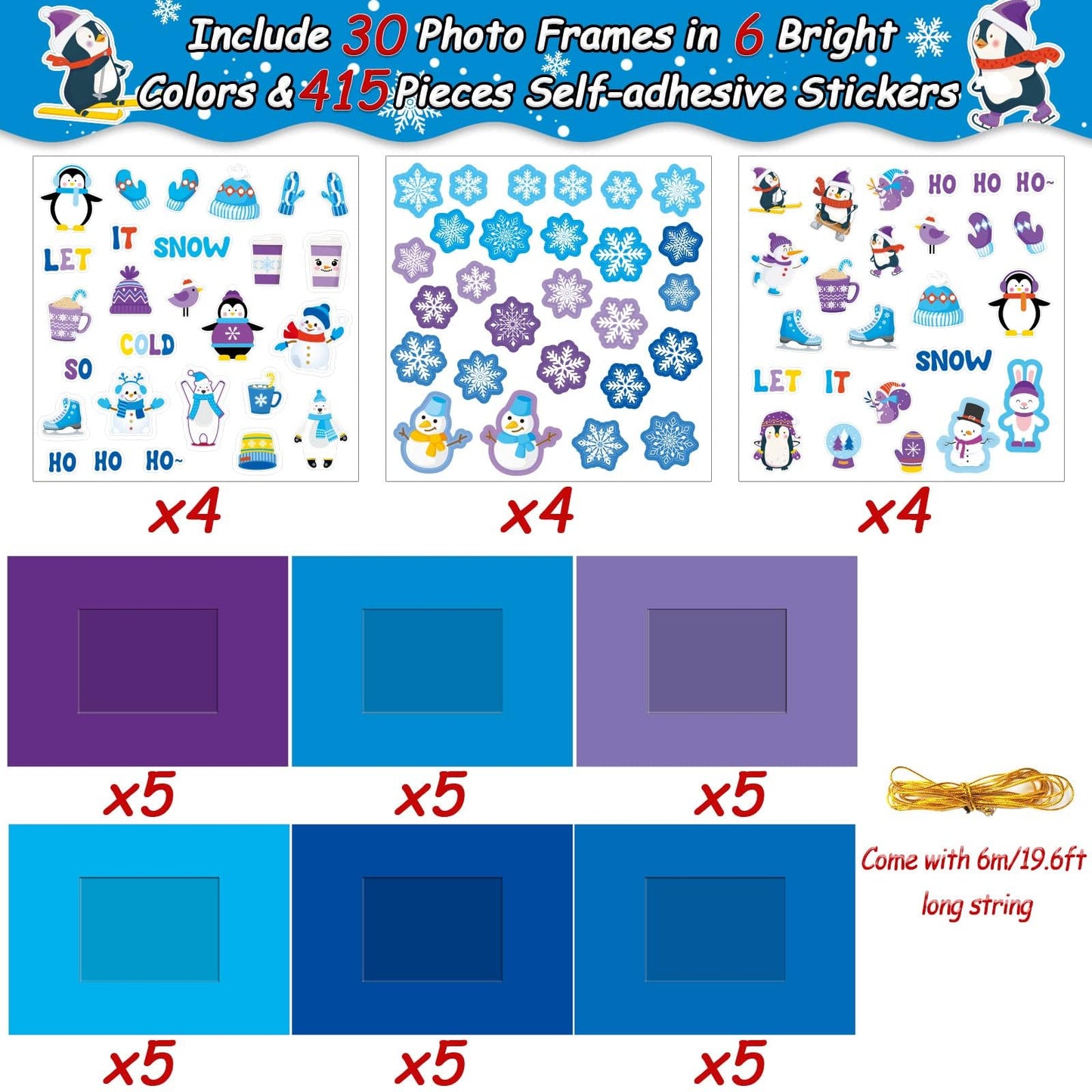 30 Packs Winter Craft Kits for Kids, Holiday DIY Picture Frame Craft Snowflake Penguin Polar Bear Art Party Favor Home Classroom Game Activities
