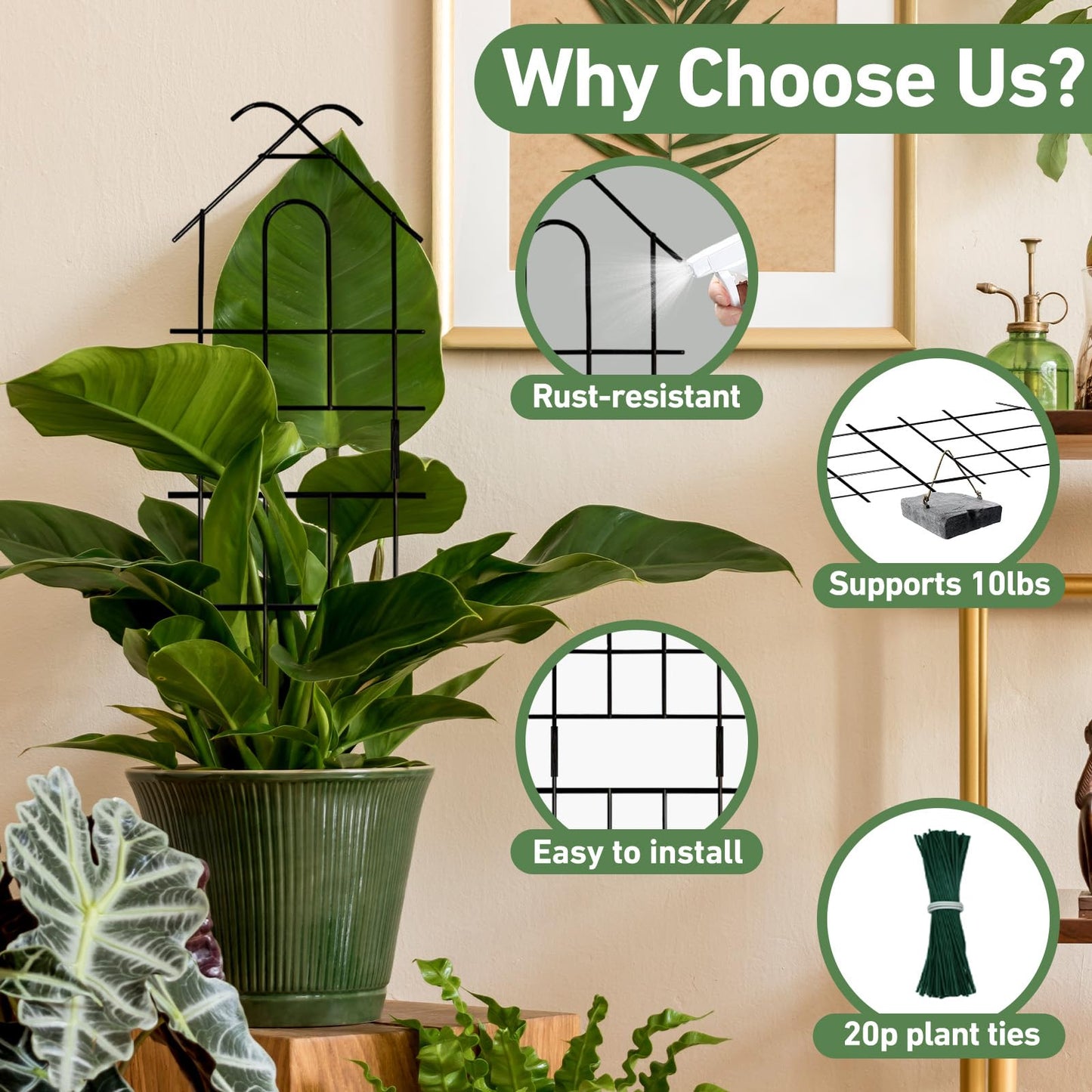 Xeeol 23in Plant Trellis for Potted Plants, Expandable Metal Garden Trellis for Climbing Plants with Ties, Plant Supports for Indoor Plants Hoya Pothos Ivy, 4P