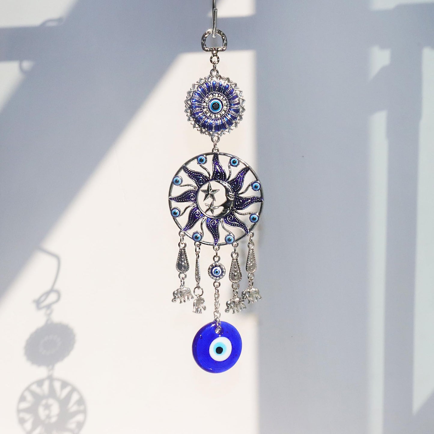 Turkish Evil Eye Wall Hanging, Blue Silver Sun Moon Stars Design with Elephant Charms, Traditional Protection Amulet Decor (1, Moon Star)