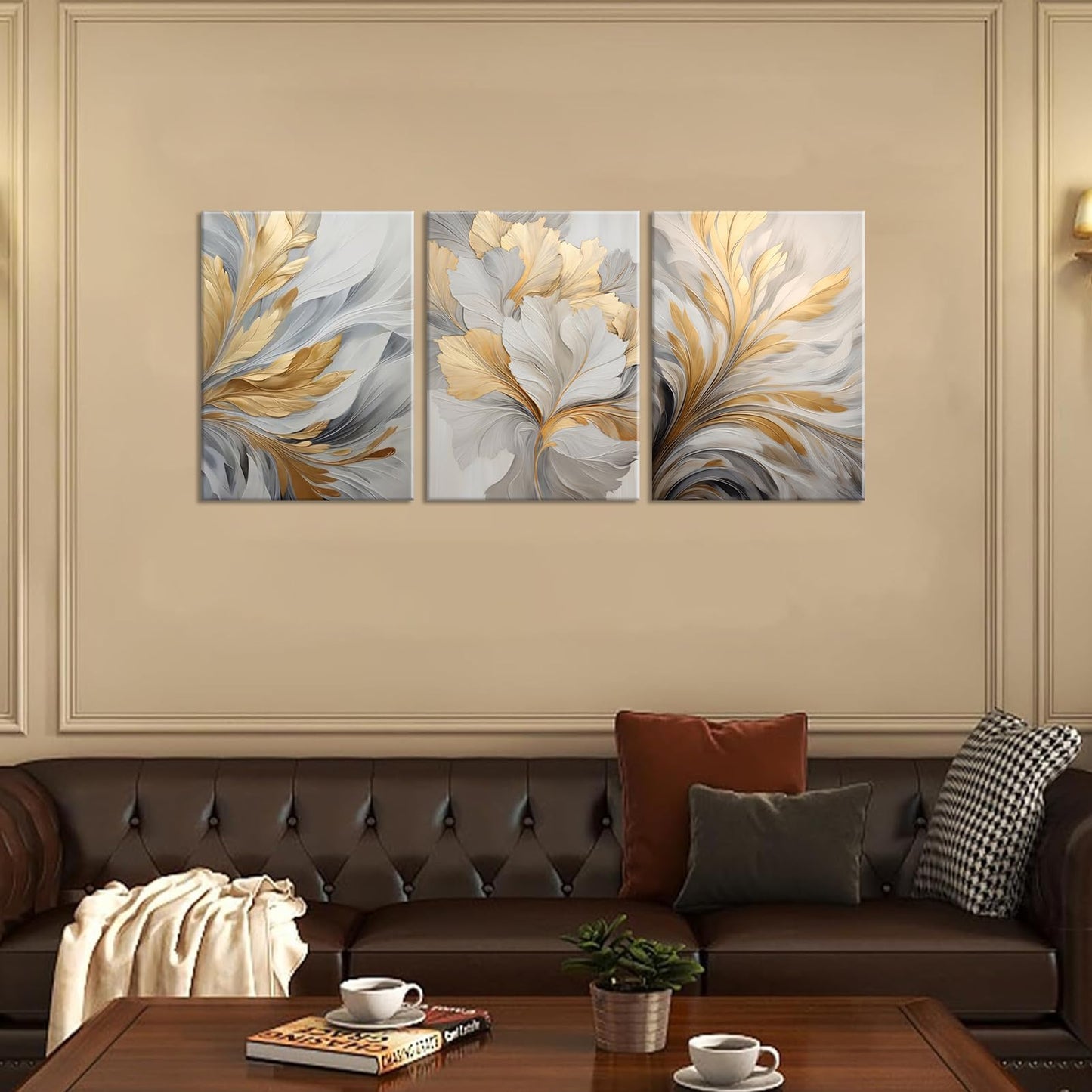 3Pcs Modern Abstract Golden White Leaves Canvas Wall Art Neutral Botanical Wall Decor Pictures Luxury Posters Prints for Living Room Bedroom Office Home Decorations, 12x16in