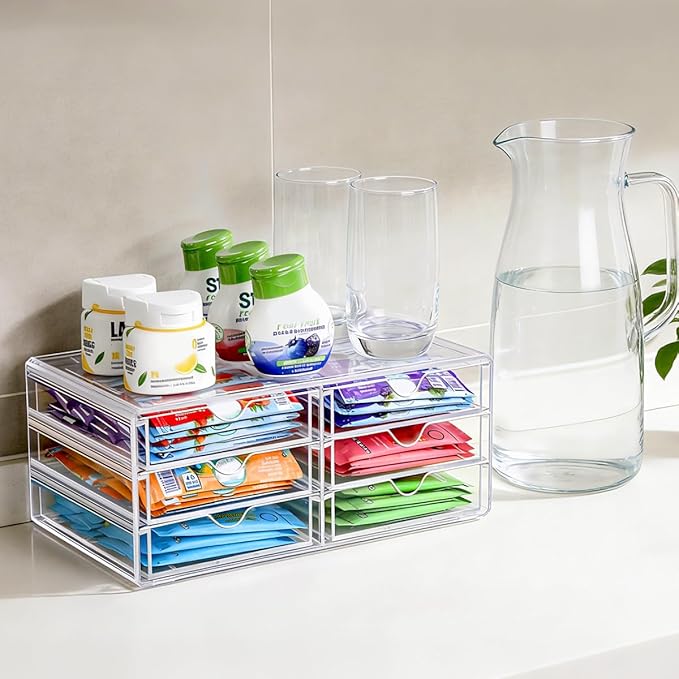AIEVE Drink Packet Organizer, Stackable Storage Drawers for Tea Bag Organizer, Water Packet Holder with 6 Drawers Acrylic Bins for Kitchen Cabinets Pantry Office Organization