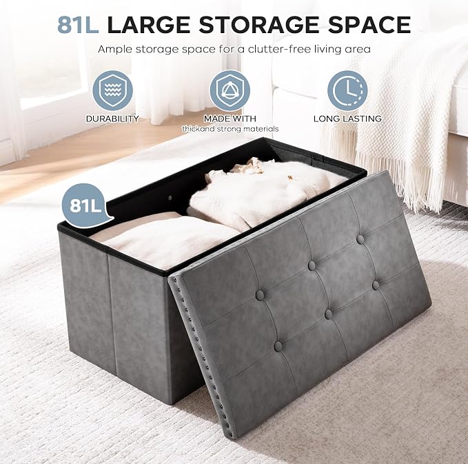oakvivo 30 Inches Folding Storage Ottoman Bench, Leather End of Bed Foot Rest Stools with Button Tufted Rivet Design, Ottoman with Padded Seat for Bedroom, Living Room, Entryway, 330 lb, Grey