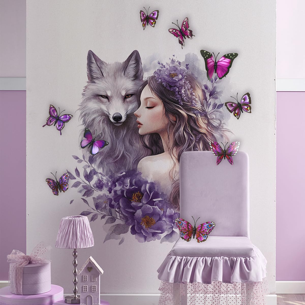 Siraveil Art Wolf Wall Stickers with Butterfly Flowers Fairy Wall Art Decals, 12 Butterflies PVC Decor for Nursery Living Room Bedroom Kids Room 23.6x11.8 Inch