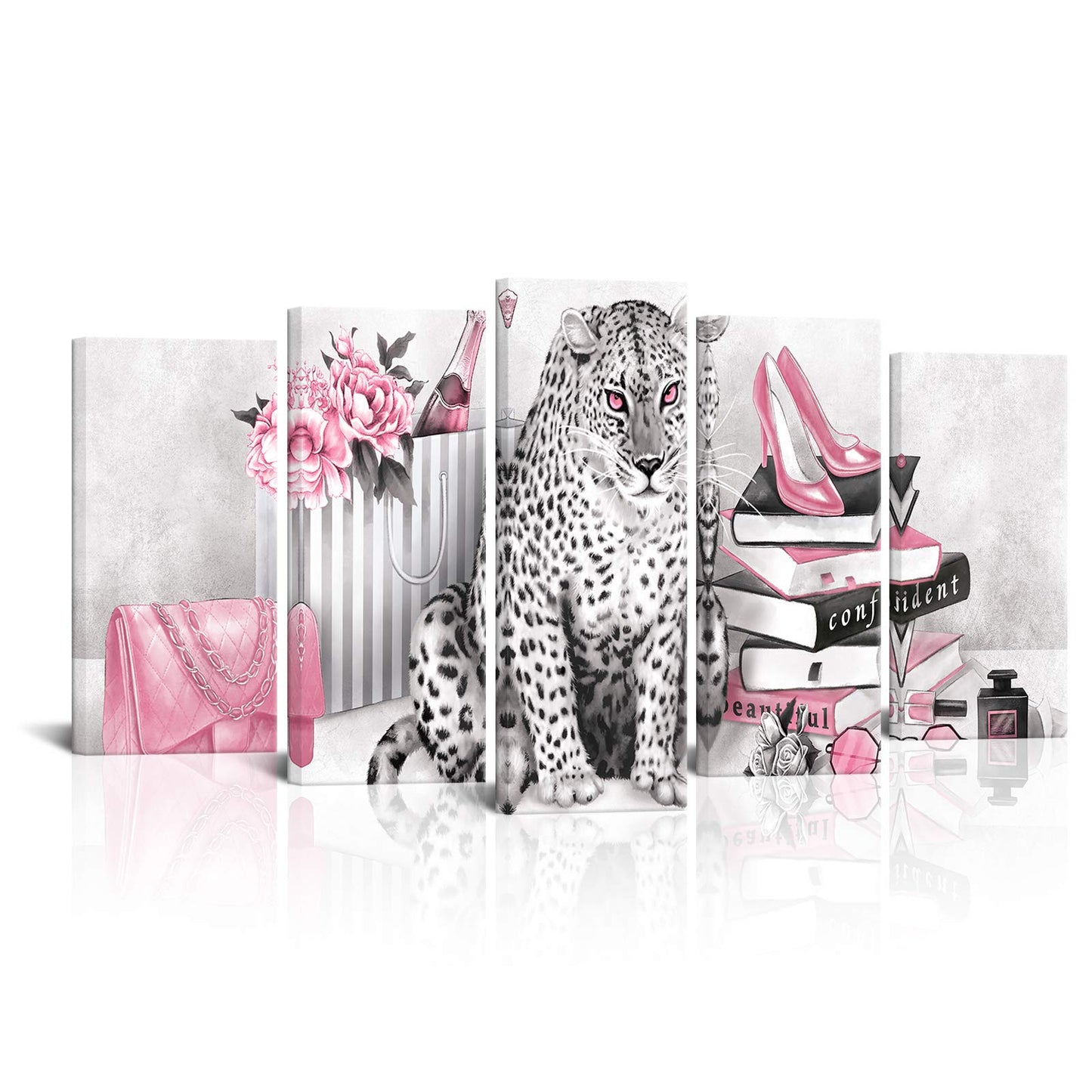 Kalormore 5 Pcs Leopard Canvas Black and White Wall Art Prints Glam High Heel Shoes Books Poster Giclee Prints Picture for Woman Bedroom Girl Gift Makeup Room Decoration (Pink, L-60 xH-32)
