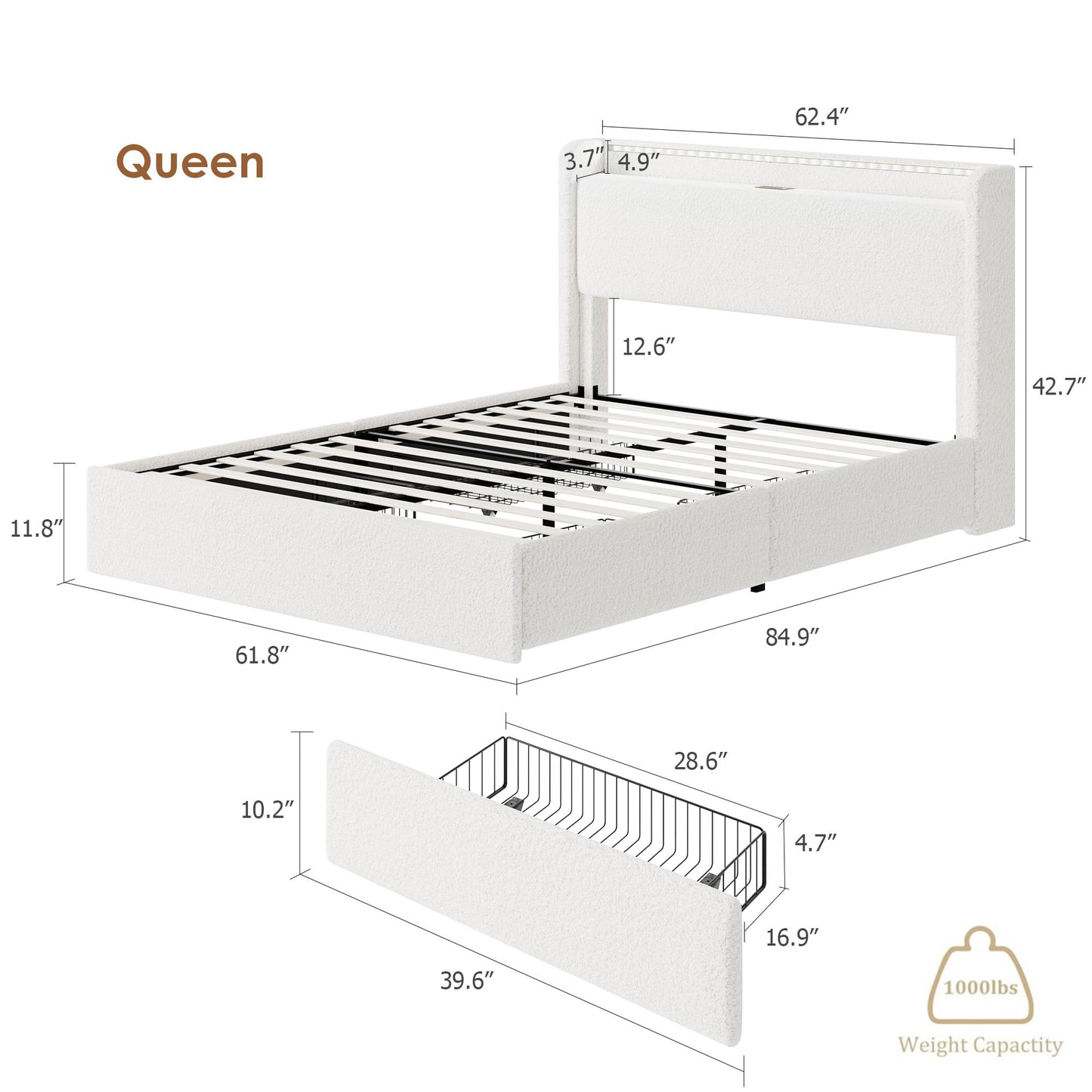 GarveeHome Boucle Queen Size Bed Frame, Cloud Cream Platform Bed Frame with 4 Storage Drawer and Upholstered Headboard, Soft Boucle Fabric, No Box Spring Required, Easy Assembly, White