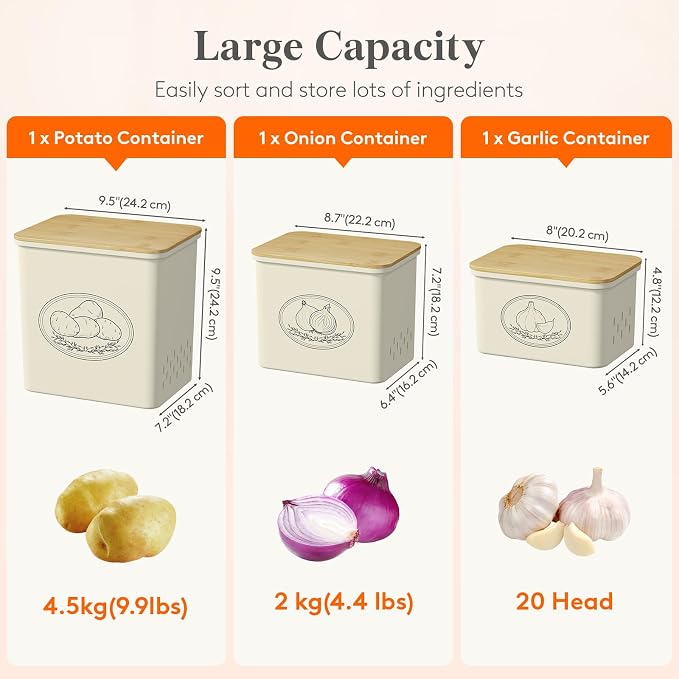 Lifewit Onion and Potato Storage Bin with Aerating Holes and Lid, Stackable Garlic Keeper, Plastic Vegetable Container Box for Kitchen, Beige, Set of 3