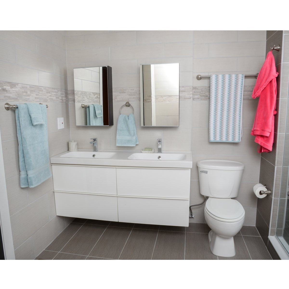 Amazon Basics 5 Piece Bathroom Hardware Set, Satin Nickel, Towel Bar, Toilet Paper Holder, Towel Ring, Robe Hook, AB-BR817-SN