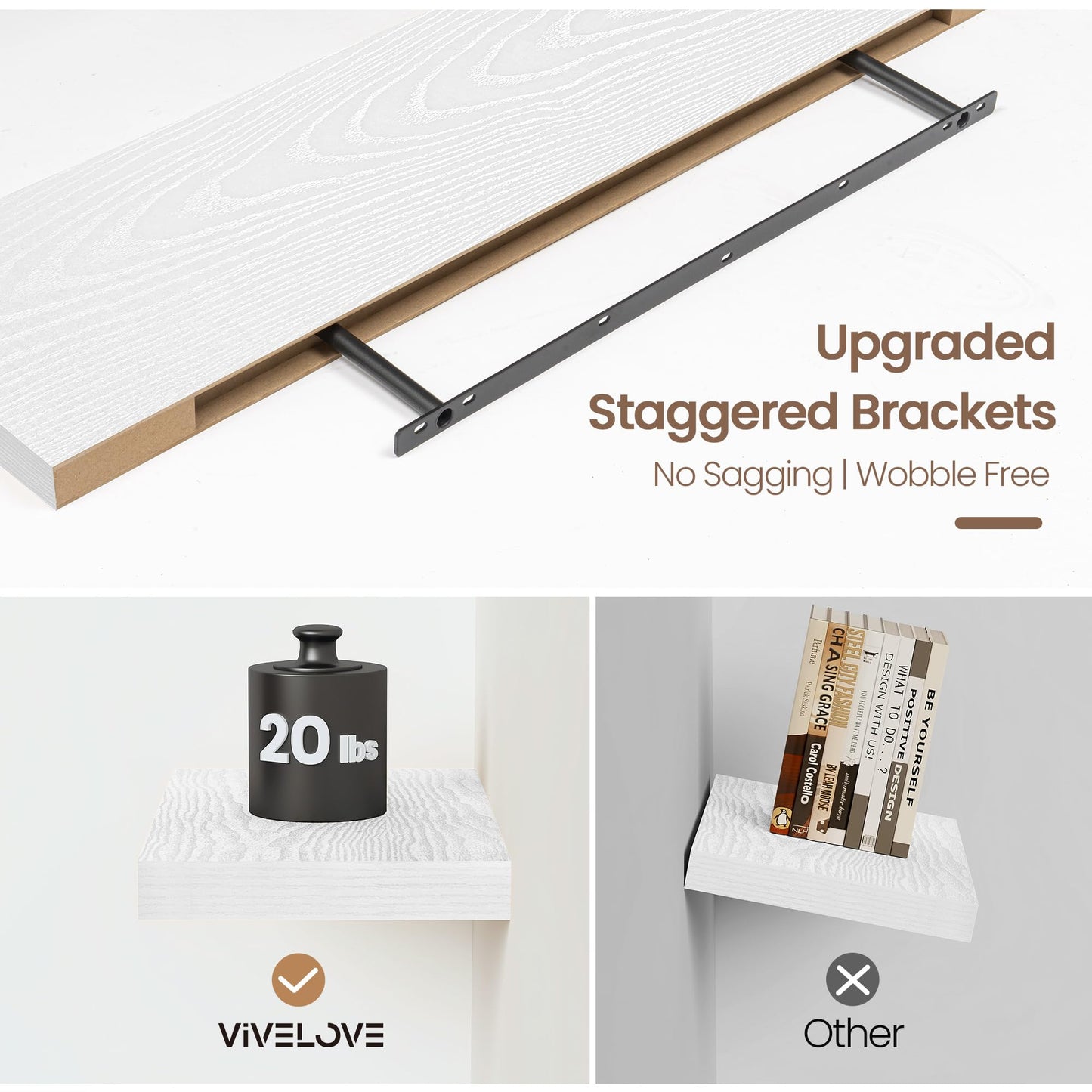 Vivelove White Floating Shelves for wall, 24 Inch Wall Display Shelves with Invisible Brackets, for Bathroom Living Room Kitchen Bedroom Office Farmhouse Home Decor, 24X9.3X1.5 - Set of 2, White