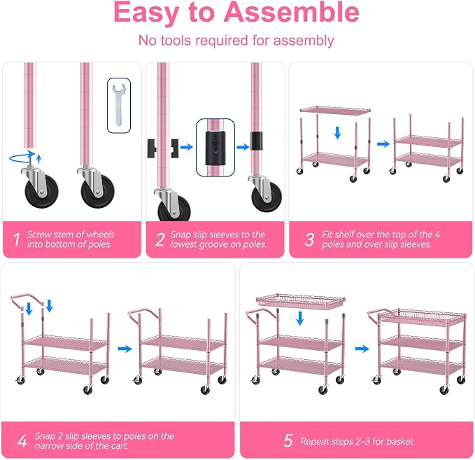 WDT Pink Rolling Utility Cart with Wheels, 990Lbs Heavy Duty Metal Cart with Handle & Shelf Liners, NSF Certified 3-Tier Storage Trolley for Esthetician, Kitchen, Salon & Craft Room, Pink