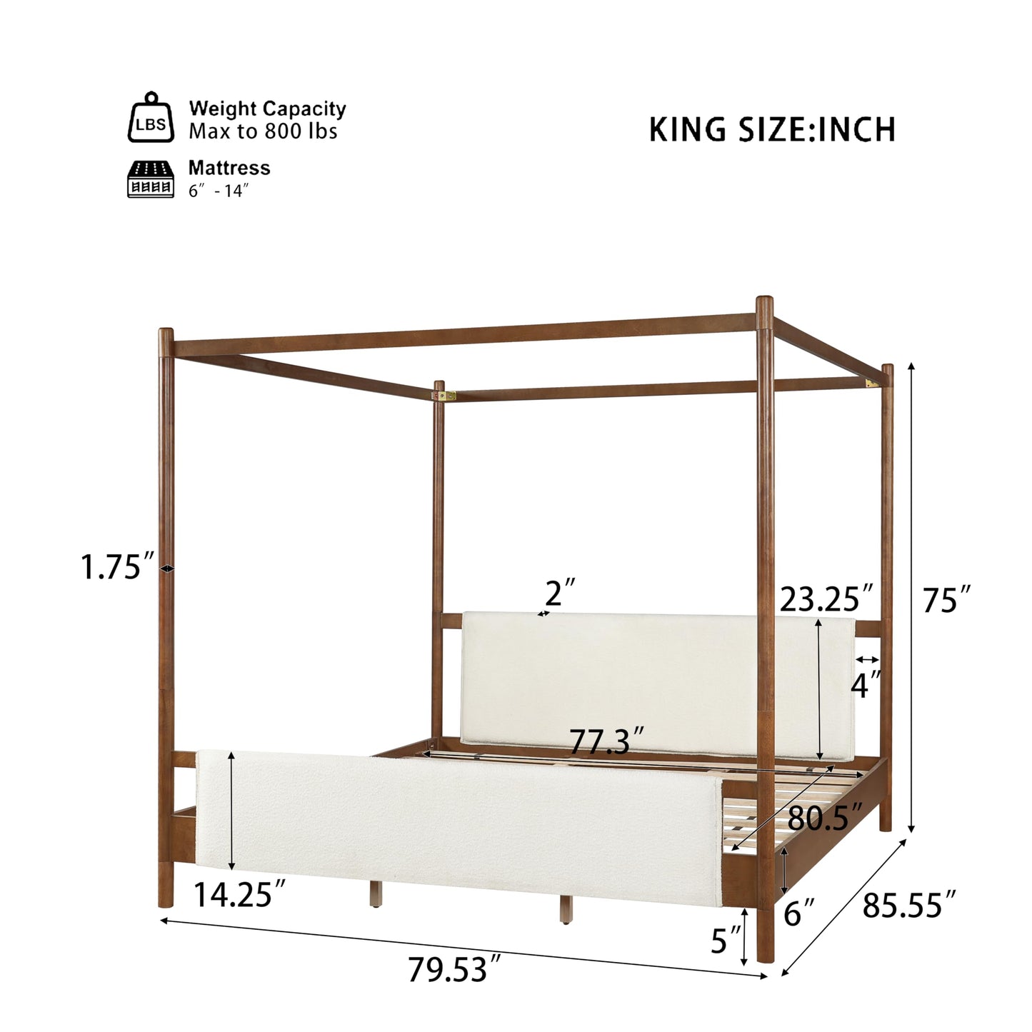Christopher Knight Home Rotie King Size Canopy Bed Frame, Boucle Upholstered King Size Bed Frame with Headboard, King Platform Canopy Bed, Wooden Slats Support, No Box Spring Needed, White+Brown