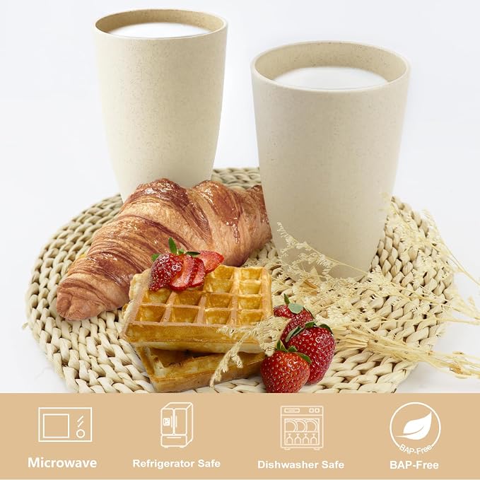 PYRMONT Wheat Straw Cups 20 Oz Alternative Plastic Cups Set of 6 Unbreakable Big Cups for Kitchen Dishwasher & Microwave Safe Large Water Cups for RV,Office-Beige