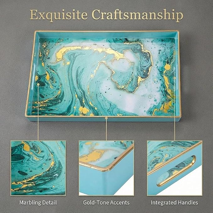 Decorative Tray, Marbling Plastic Tray with Handles, Rectangular Vanity Tray and Serving Tray for Bathroom, Kitchen, Ottoman and Coffee Table, 15.6" x 10.2" (Golden Blue)