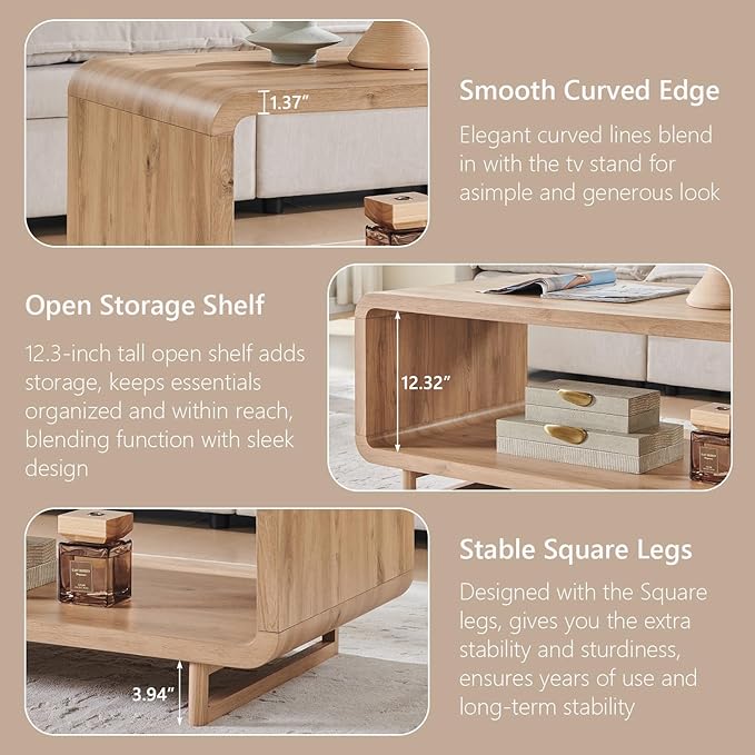 IFGET 48" Modern Coffee Table, 2-Tier Minimalist Center Table with Storage Shelf, Curved Profile Design, Wooden Rectangular Living Room Table w/Wood Thick Design for Living Room, Office, Natural Oak