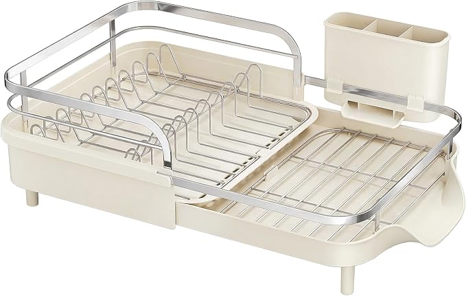 SAYZH Dish Drying Rack - Expandable Dish Rack for Kitchen Counter, Rust-Resistant Dish Drainer with Utensil Holder and Raised Guardrail, Kitchen Organizer for Cup and Bottle (Beige)