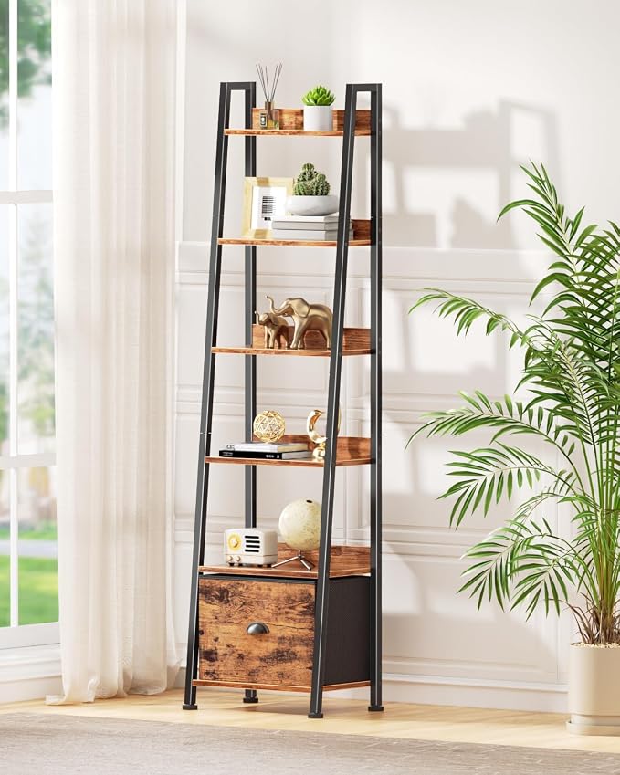 Furologee Bookshelf Set of 2, 6-Tier Ladder Shelf, Ladder Bookshelf with Drawer, Set of 2 Bookshelves, Metal Storage Shelf for Living Room, Home Office, Bedroom, Balcony,Kitchen, Rustic Brown