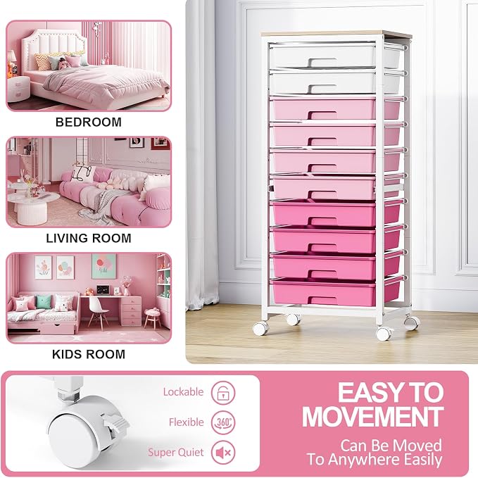 SYKIARIOL Rolling Cart with Drawers,10 Drawer Rolling Cart,Storage Cart,Utility Cart,Teacher Cart for Classroom Storage,Craft Cart with Wheels and Wooden Tabletop,Pink