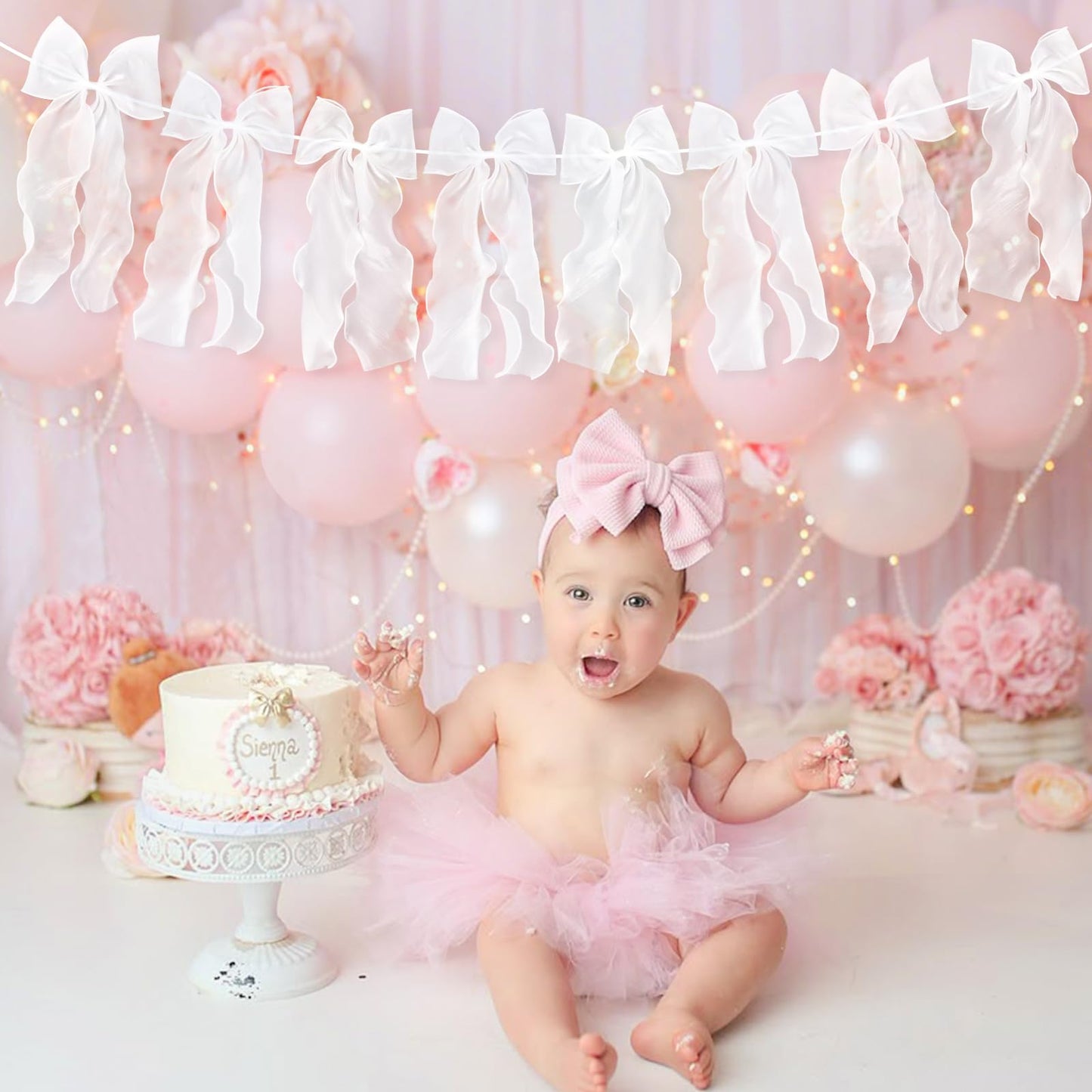 White Ribbon Bow Garland Banner, Girls Bow Birthday Party Decorations, Baby Shower Decor, Tying The Knot Bridal Shower Engagement Wedding Valentines Day Bows Party Supplies