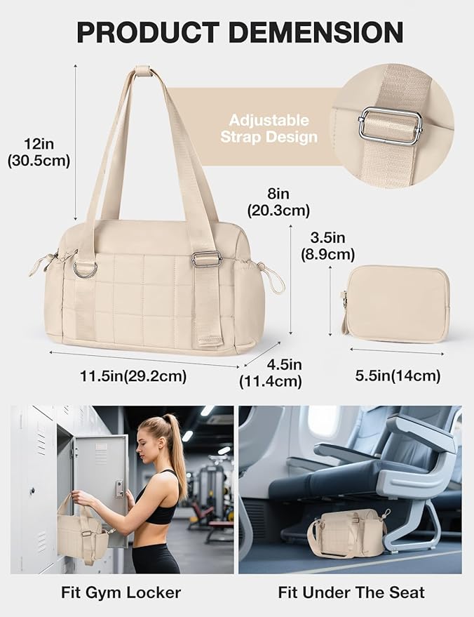 VUUDH Puffy Mini Gym Bag for Women, Carry On Multi-Pocket Water-Resistant Duffel, Lightweight Sports Bag for Fitness, Work, Travel, Daily Commute,Camel