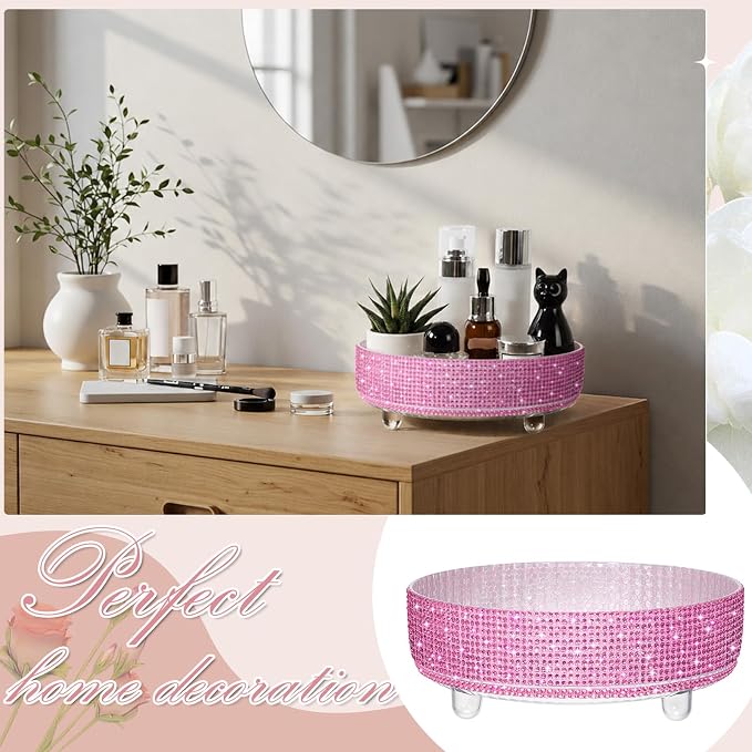 Honeydak Pink Bling Perfume Makeup Organizer Bling Mother's Day Nurses Day Gifts for Women Bathroom Organizers and Storage 360 Rotating Makeup Organizer for Countertop(Resin Stone)