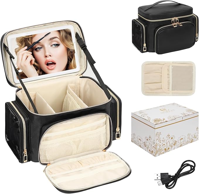 Large Makeup Bag with LED Mirror, Travel Makeup Bag Organizer for Women Girls with Makeup Brush Compartment & Two Side Pockets, 3 Color Lights Cosmetic Toiletry Bag- Leather Black