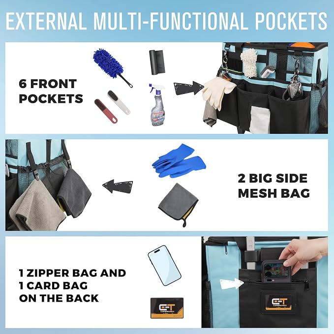 SCAVATA Rolling Cleaning Caddy Bag with Detachable Trolley, Large Cleaning Supplies Organizer with Wheels, Multi Pocket Cleaning Cart with Adjustable Shoulder Strap for Housekeepers & Home, SkyBlue