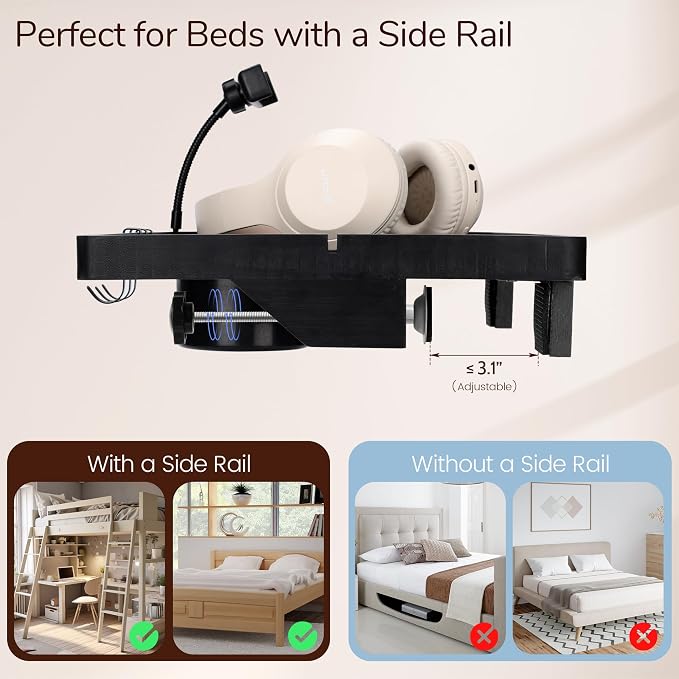 Bedside Shelf for Dorm Bed & Top Bunk, Bamboo Bed Side Table Tray with Cup Phone Holder & Hooks, Bedside Caddy, Clip on Nightstand Bedside Storage College Dorm Room Essentials (Black)
