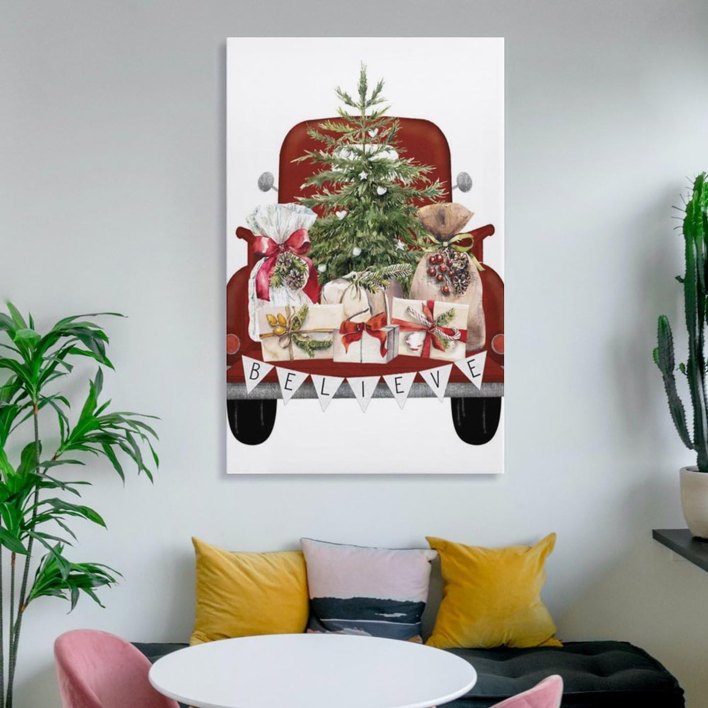 LohxA Festive Red Truck Believe Banner Tree Presents Print - Custom Holiday Wall Decor ， Christmas Signs P Canvas Wall Art Print Poster For Home School Office Decor 12x18inch(30x45cm)