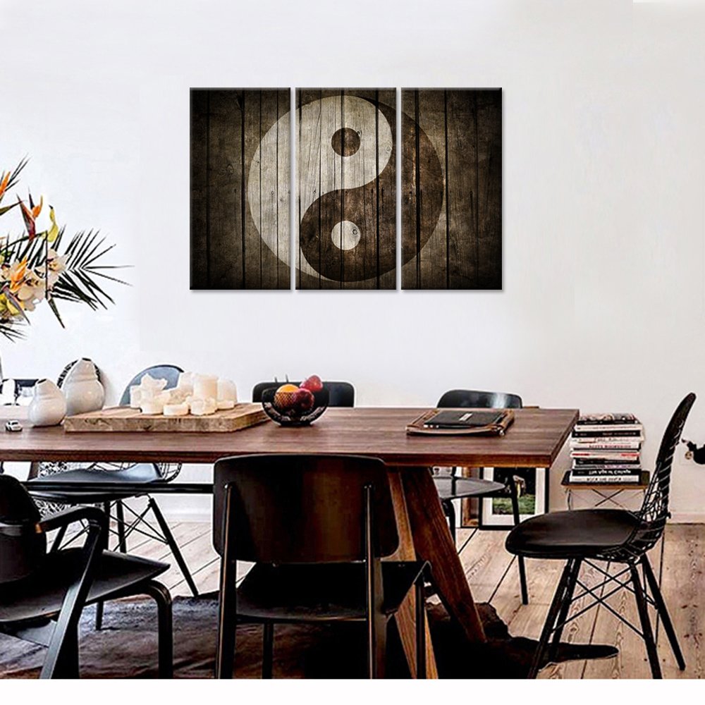iHAPPYWALL Vintage Yin Yang Wall Art Brown Symbol Rustic Wood Painting Chinese Religion Picture for Home Living Room Ready to Hang
