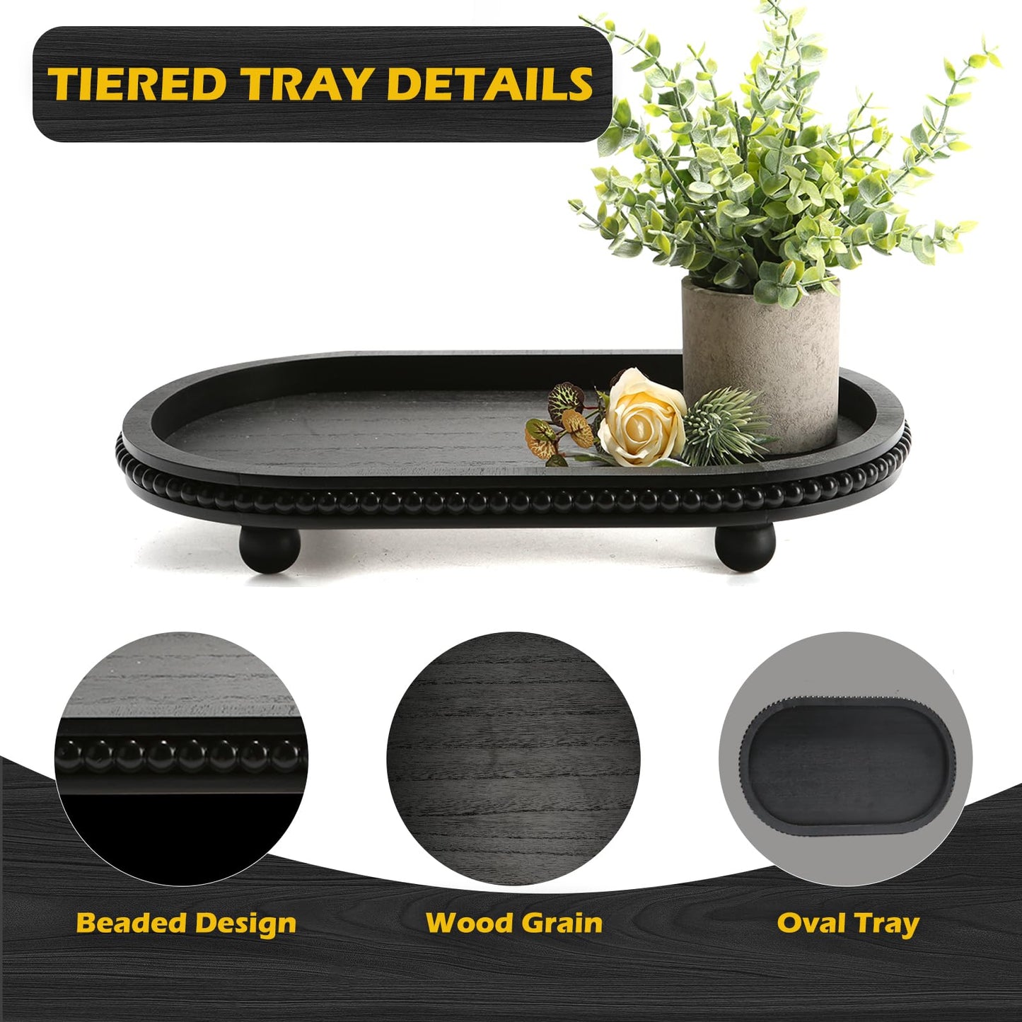 SYNCVIBE Wooden Decorative Tray for Home Decor, Beaded Black Oval Tray Decor for Coffee Table, Rustic Wood Serving Trays Farmhouse Centerpieces for Living Room Kitchen Counter (Black Oval)