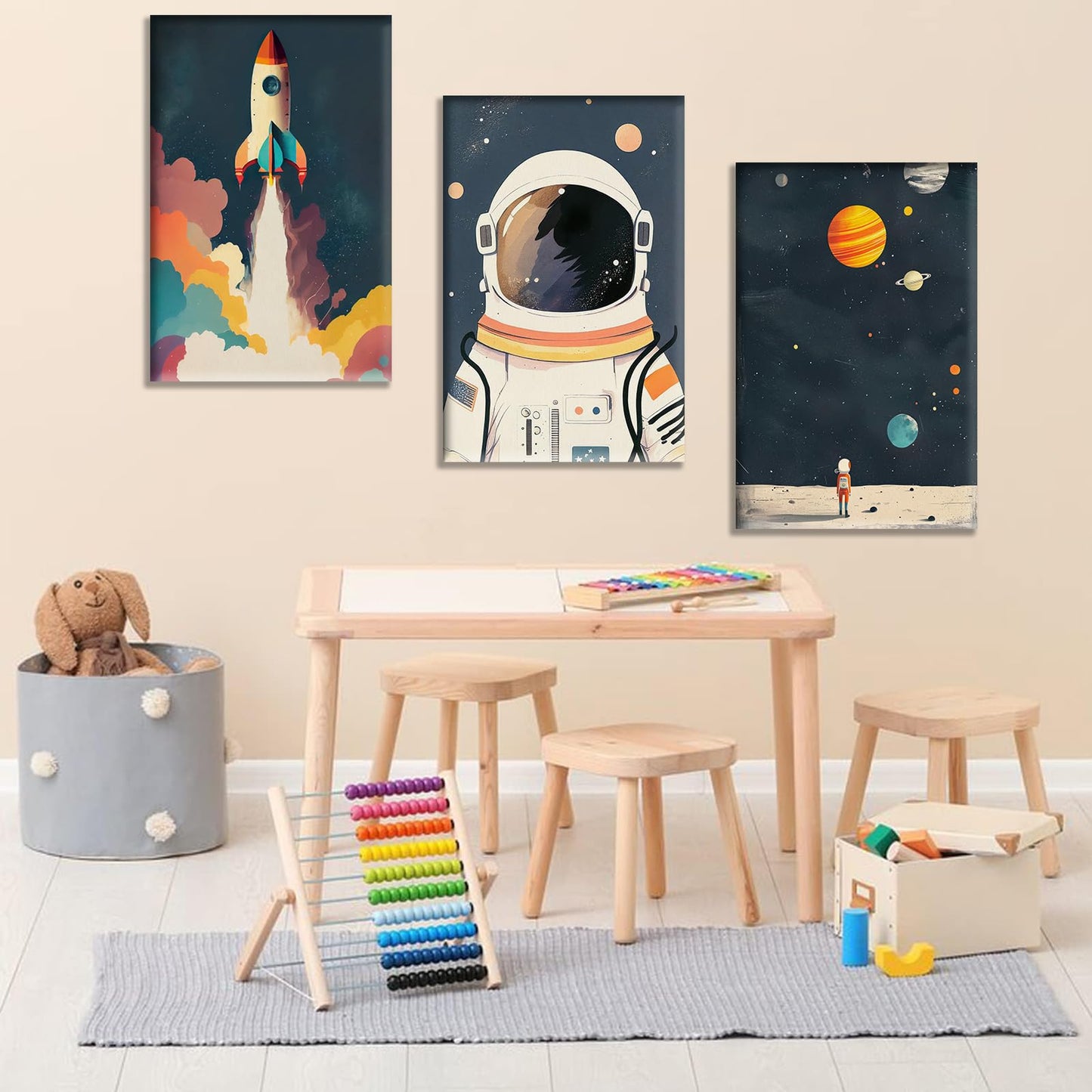 3Pcs Astronaut Wall art Nursery Space Adventure Posters Prints Rocketship Wall Decor Explore Dream Galaxy Canvas Prints Funny Planet Painting for Boys Girls Kids Bedroom Living Framed