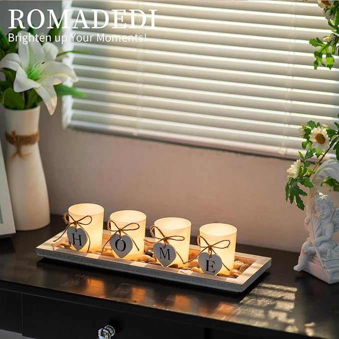 Romadedi Wooden Decorative Tray Candle Holder - 13.5 inch Wood Long Narrow Tray Home Decor Small Rustic Farmhouse Centerpieces Trays for Coffee Table Dining Room Living Room, Whitewashed
