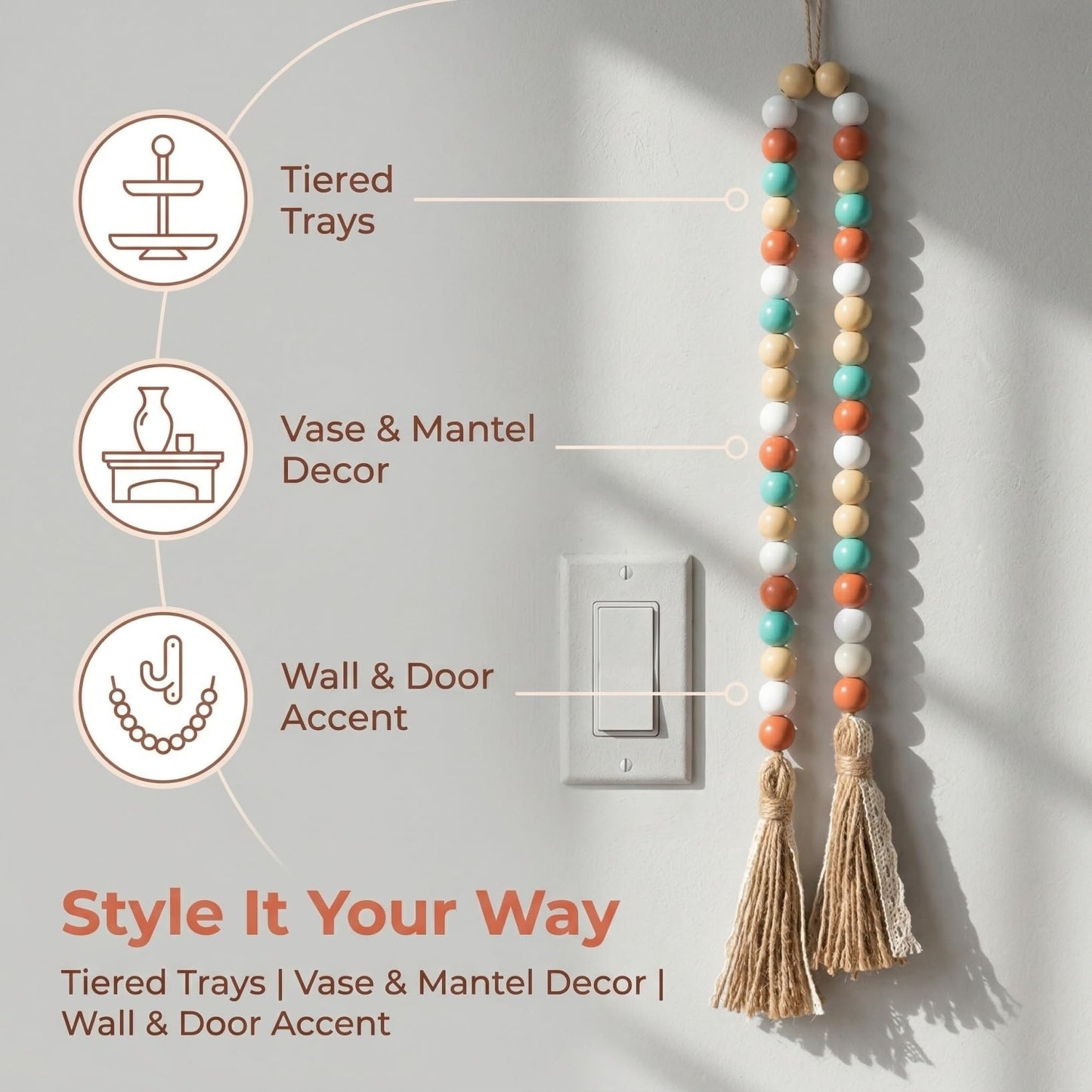 TOPPERFUN Wood Beads Garland with Tassels, 42.4in Farmhouse Rustic Style Colorful Wood Beads String, Large Antique Wooden Prayer, Boho Home Festival Decor Garland Rosary Rope