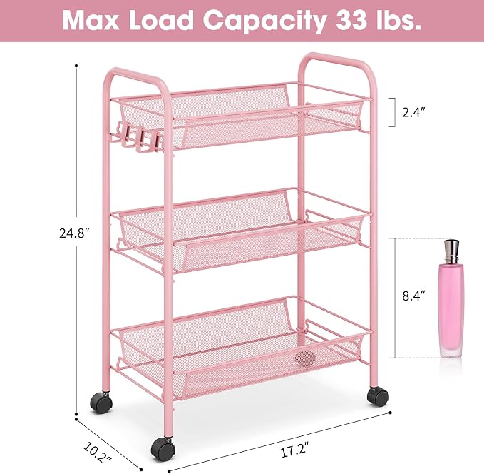 TOOLF 3 Tier Rolling Cart Pink - Metal Storage Organizer with Wheels, 33 lbs Shelf Capacity, Easy 5-Min Assembly, for Girls Room Bathroom Kitchen Office Nursery, Compact Design for Small Spaces, Pink