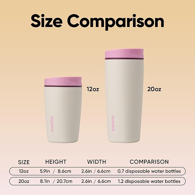 Owala SmoothSip Slider Insulated Stainless Steel Coffee Tumbler, Reusable Iced Coffee Cup, Hot Coffee Travel Mug, BPA Free 12 oz, Pink/Tan (Daybreak) (Pack of 8)