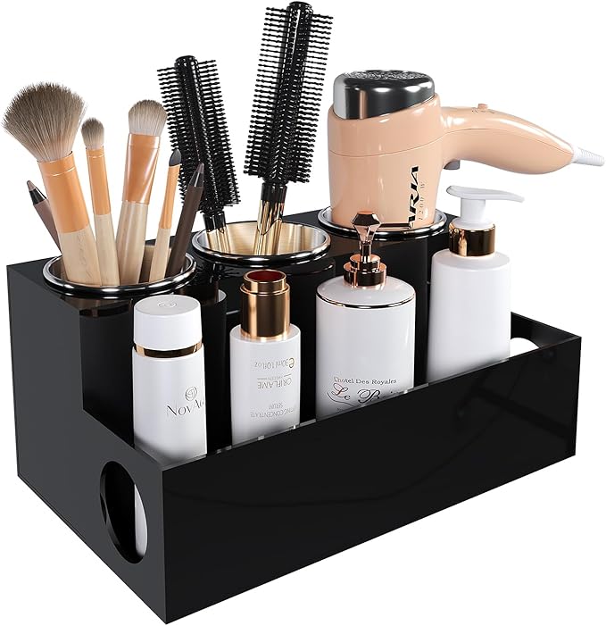 Hair Tool Organizer, Black Acrylic Hair Dryer Holder with Insulated Cup, Bathroom Supplies Countertop Blow Dryer Holder, Vanity Caddy Storage Stand for Accessories, Makeup, Toiletries