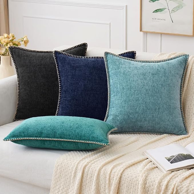 MIULEE Pack of 2 Euro Sham Pillow Covers 24x24 Inch Navy Blue Farmhouse Decorative Throw Pillow Covers with Stitched Edge Soft Chenille Solid Dyed Pillow Covers for Bed Sofa Couch Living Room